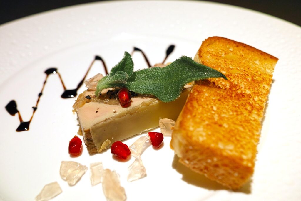 Tranche de foie gras mi-cuit dressée avec un toast grillé et quelques grains de grenade