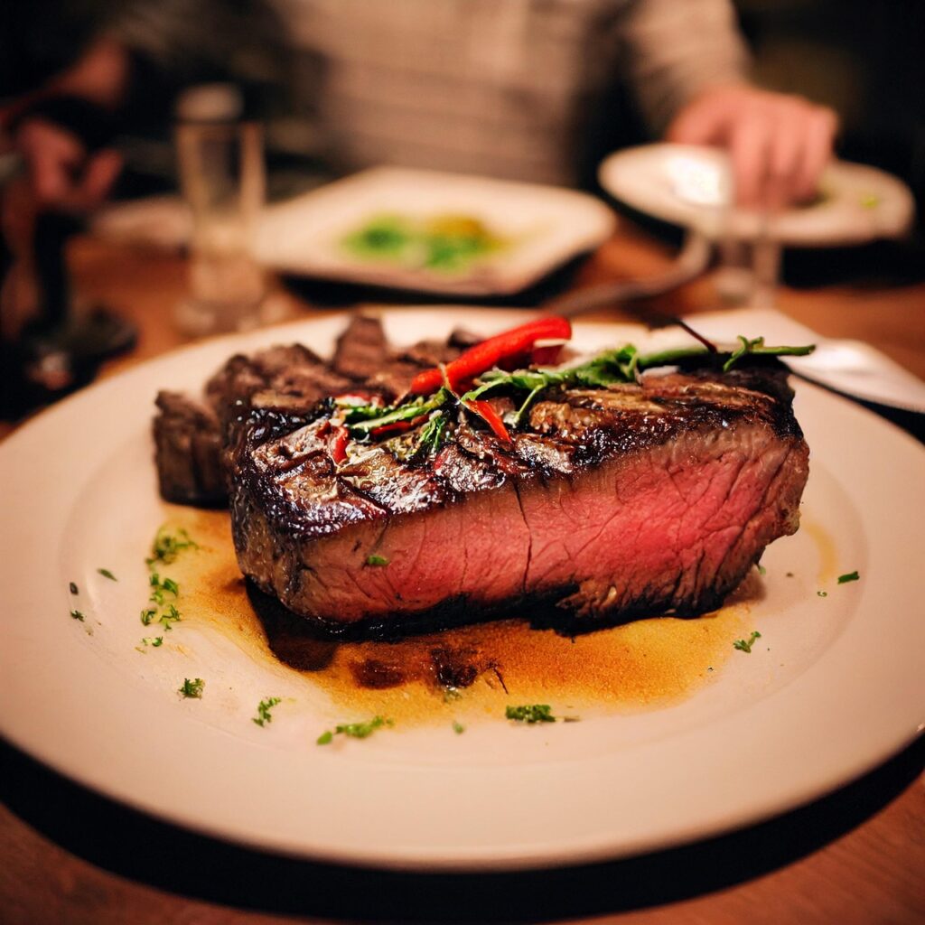 Entrecôte grillée servie dans une assiette au restaurant, tranchée pour montrer la cuisson rosée